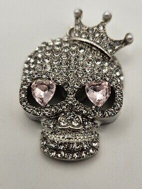 Crowned Skull Pendant Rhinestone Pink Heart Eyes Silver Tone Halloween